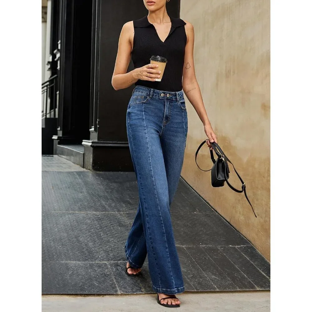 Women's High Waisted Wide Leg Stretch Denim Jeans Zipper Pockets Casual